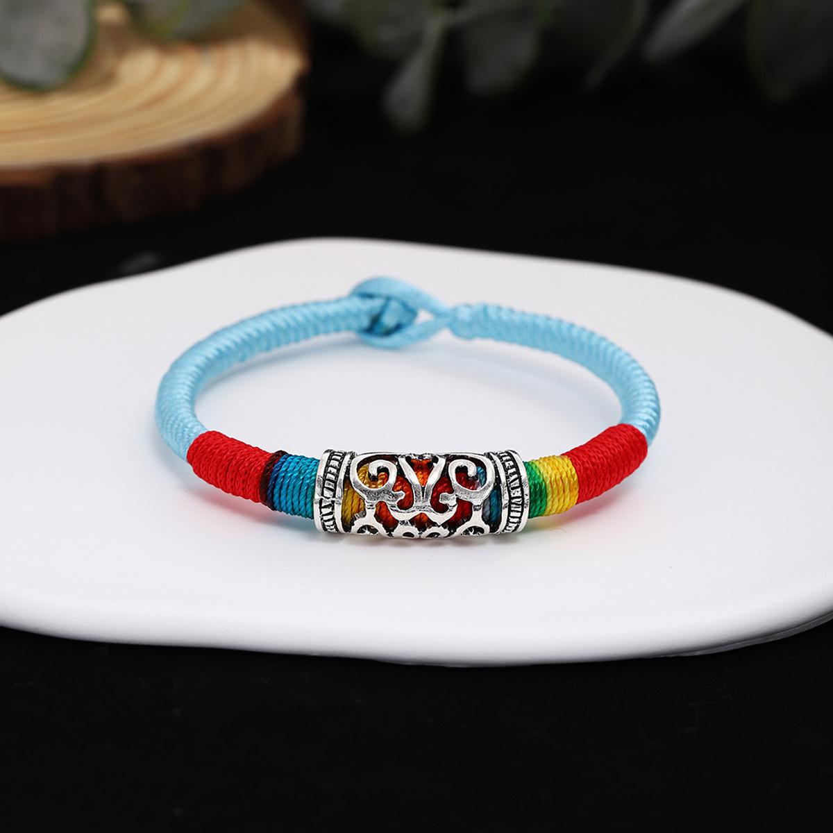 Multicolor Tibetan Vajra Knot Bracelet: Retro Miao Silver Rainbow Hand Rope for Women