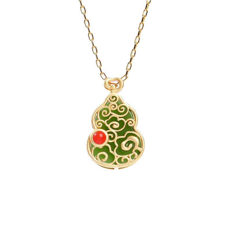 Douyin Kuaishou Live Traditional Chinese Gold Fu Lu Shou Gourd Jade-Inspired Retro Necklace.