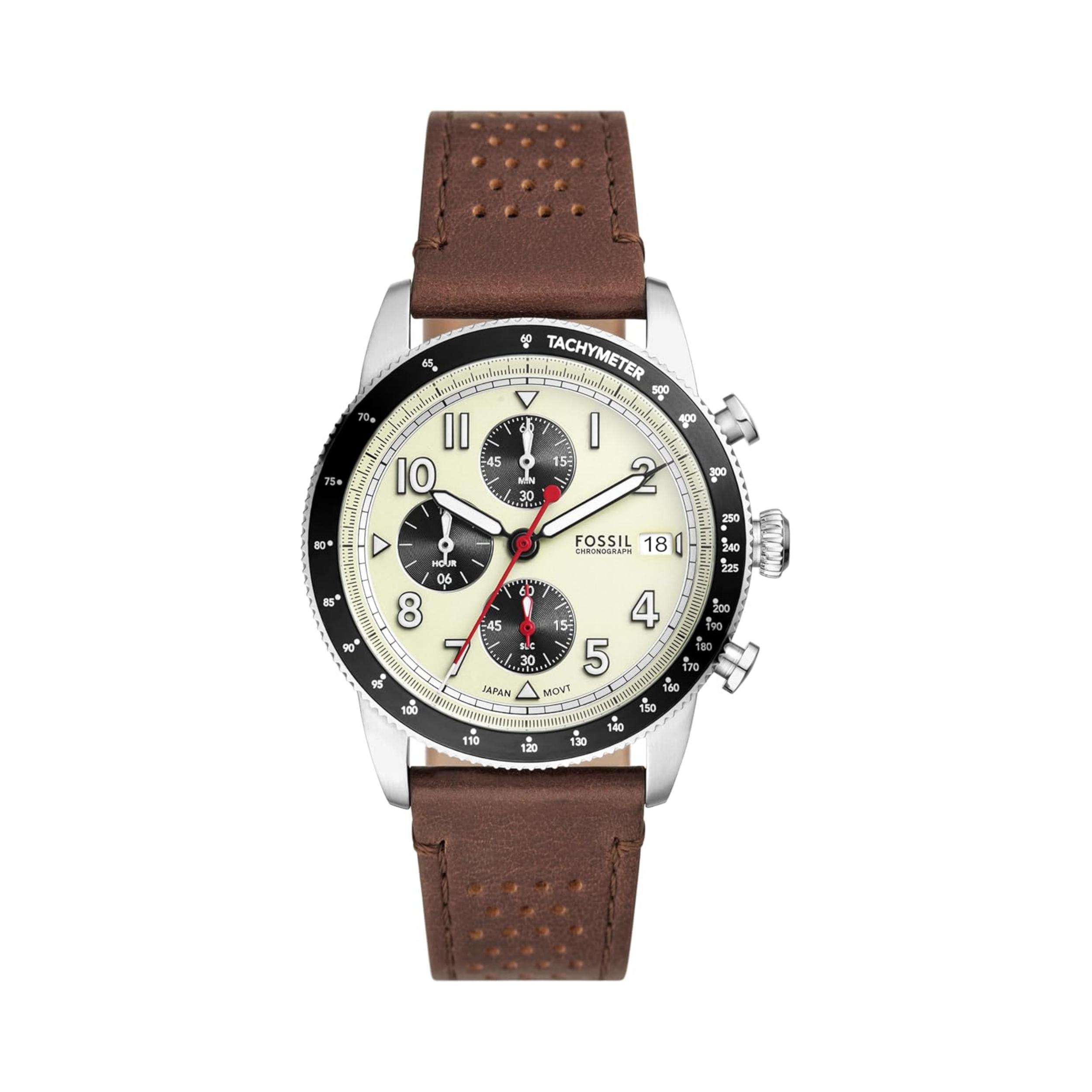 Fossil Men's Brown - Three-Hand Leather Strap, White Dial, Quartz Watch With Date Display Fs6042