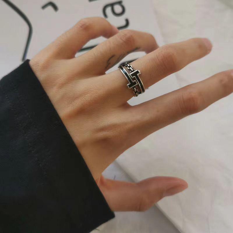 Tide Retro Black Double T Open Ring Female Personality Niche Hip Hop Design Sense Index Finger Ring