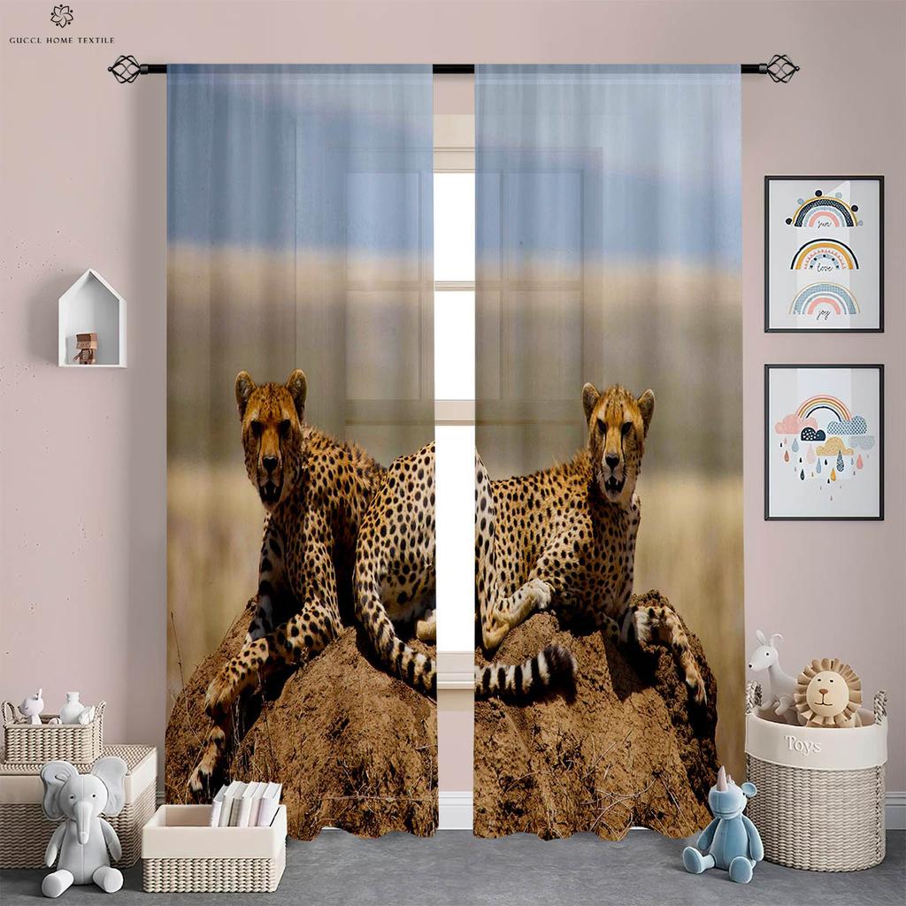 Tiger Cheetah Animal 3D Printing Curtains, Polyester Fiber, Bedroom, Living Room, Study, Kitchen, Window Decoration, 2 Pcs