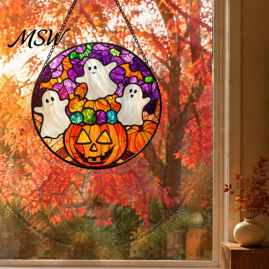 Sunproof Courtyard Decorations Halloween Stained Glass Suncatcher Ornament, Vintage Hanging Window Decor with Pumpkin Ghost Bat Witch Retro Dark Style