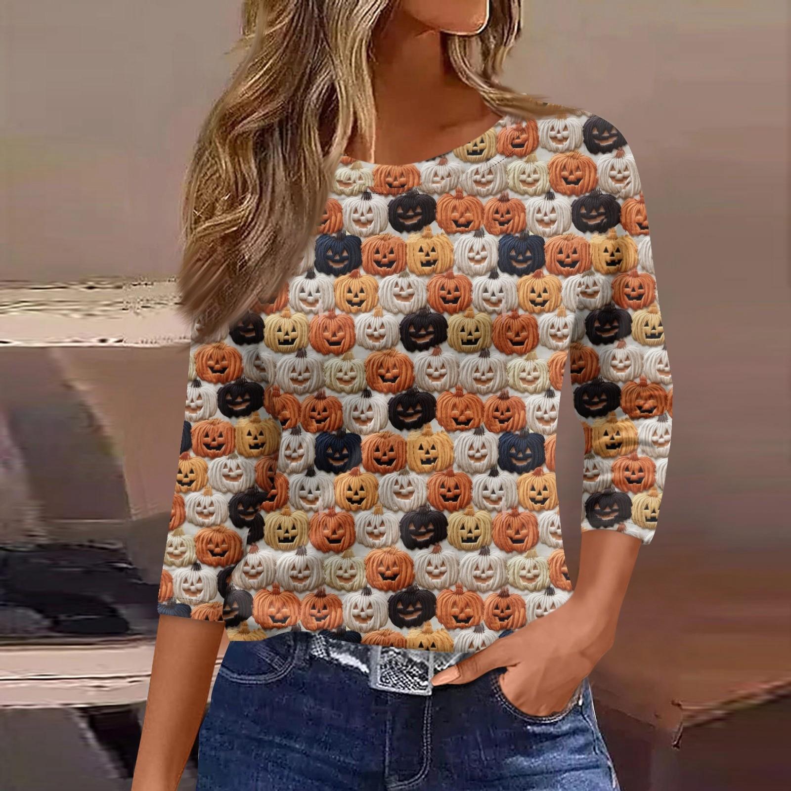 

Женская модная повседневная футболка с рукавом три четверти и принтом на Хэллоуин, с круглым вырезом XL