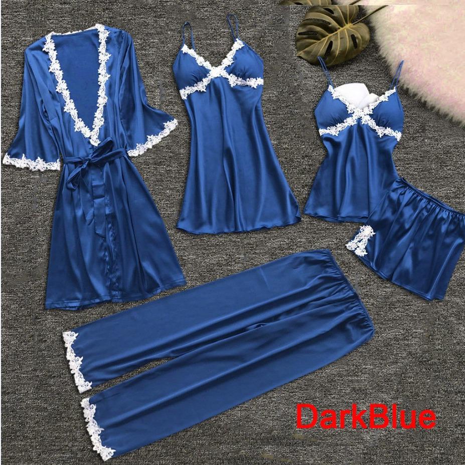 Damen Sexy Fünfteiliger Pyjama-Set - Sommer Braut Mid-Sleeve Morgenmantel, Übergröße Nachtwäsche Bademantel