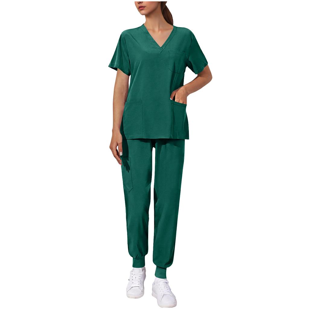 Women's Uniform Quick,drying Fabric Color V,neck Pocket Short,sleeved Trousers Suit Uniform Suit