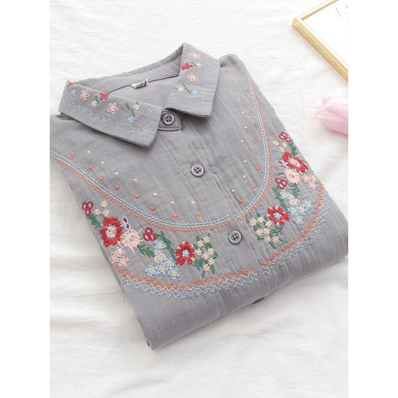 Retro Artsy Ethnic Style Embroider Flower Pure Cotton Shirt 2024 Spring New Arrival Loose All-Matching Top Women
