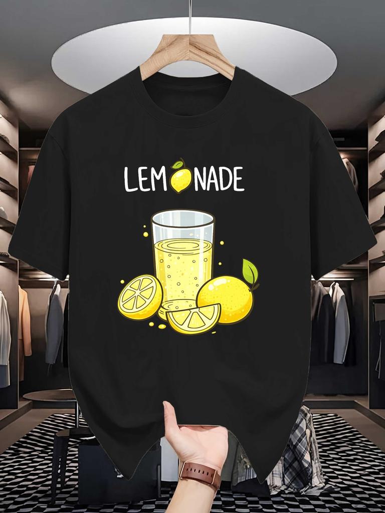 Fresh Lemon Lemonade Cartoon Print Unisexs Crew Neck T Shirt Summer Fruit Drink Graphic Short Sleeve Casual Cotton Daily Tops