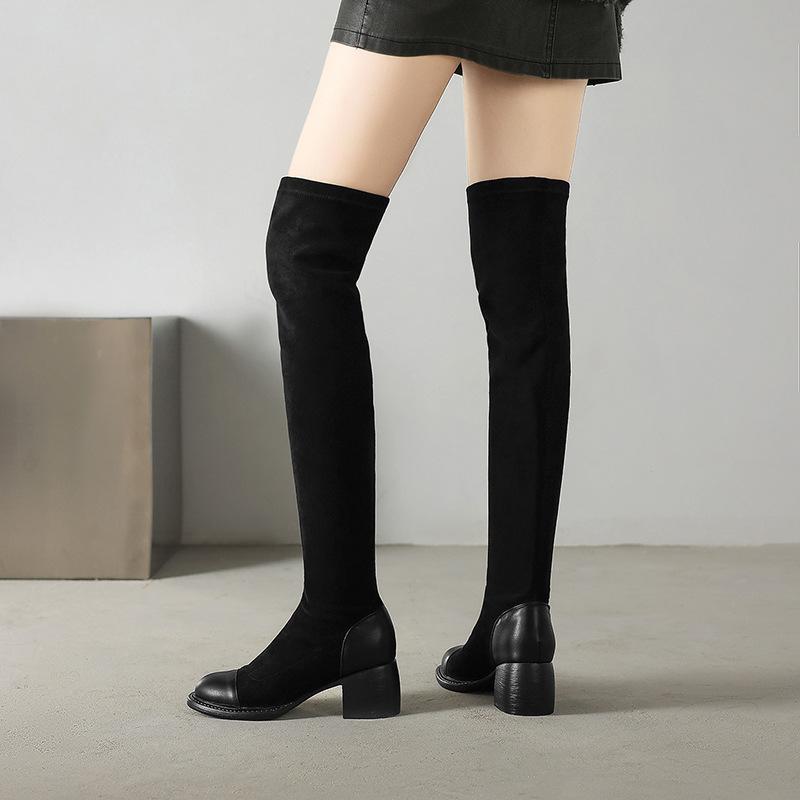 Elastic Splicing Suede Over Knee Boots Sexy Pantless Show Boots Thick High Heel Boots 33-43 Large Size Boots