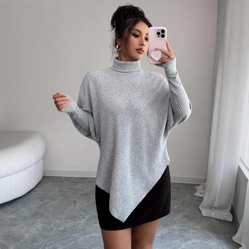 New turtleneck knitted ribbed long-sleeved irregular hem women's top sweater