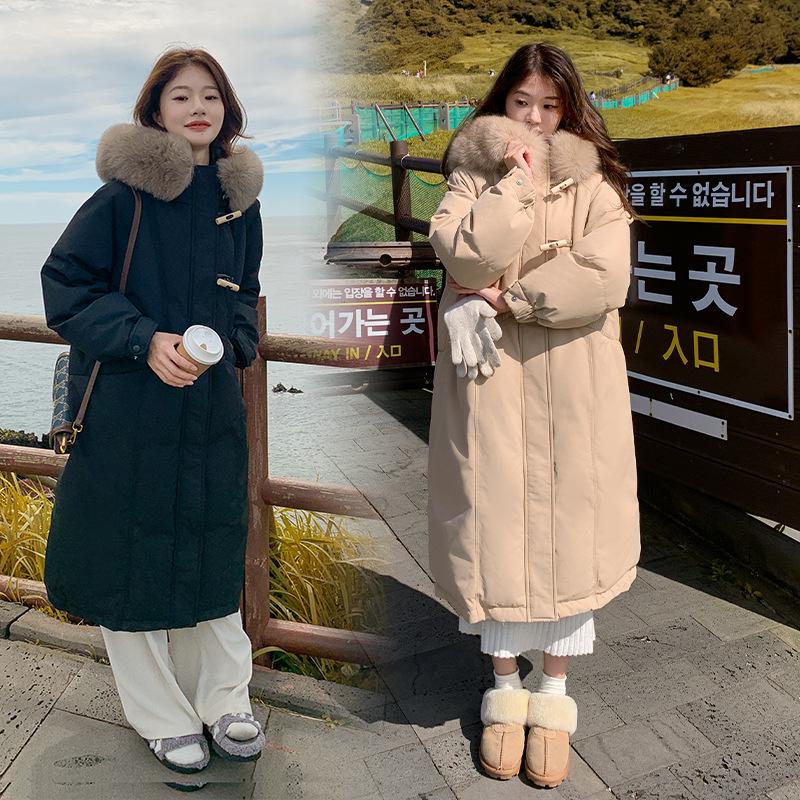 Autumn and Winter Women's Large Size Coat Hooded Fur Collar Horn Buckle Loose Casual Thickened Windproof Women's Jacket