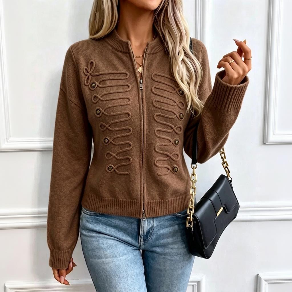 Women's Vintage Button Front Knit Cardigan Round Neck Zip-Up Slim Fit Sweater Jacket