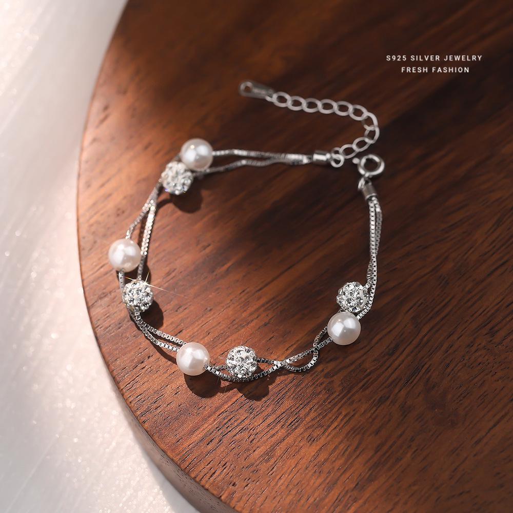 S925 Sterling Silver Double-Layered Starry Pearl Bracelet for Women - High-End, Elegant Design