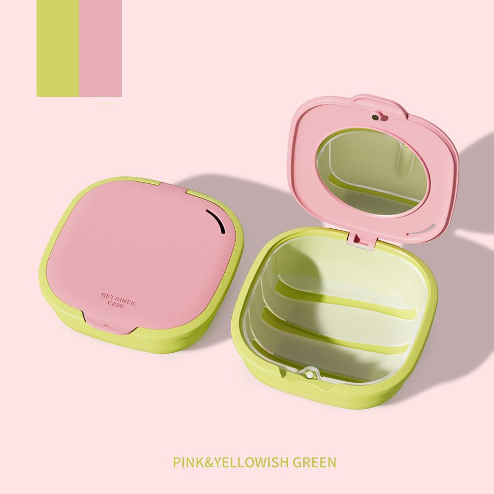 Portable Retainer Case with Mirror & Drainage Layer Braces Storage Box Daily Oral Cleaning False Teeth Aligner Denture Container