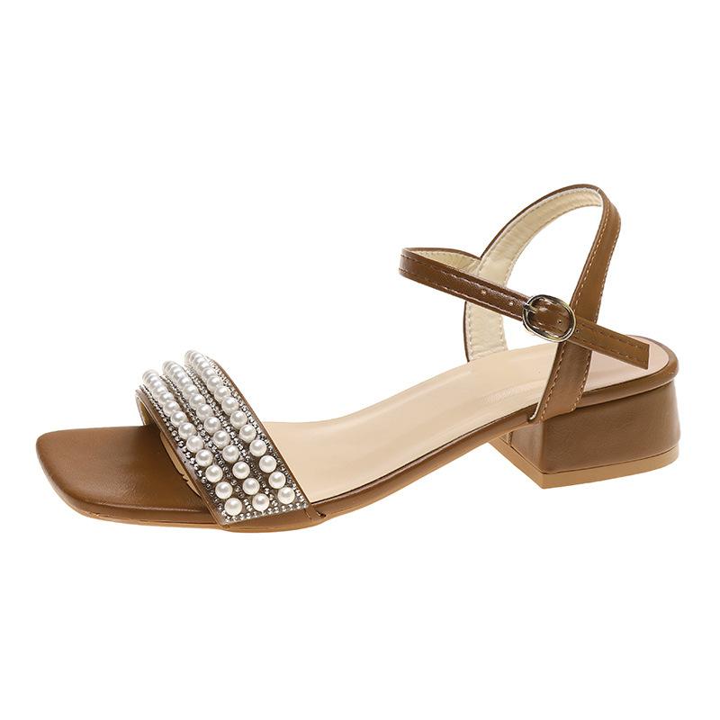 

Fashion Women 2025 Summer Fashion Sandals Medium Heeled Shoes Women s Outdoor Beaded Ankle Strap Square Toe Sandalias Chaussures Femme 43 коричневый
