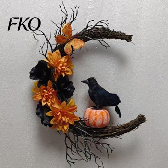 Spooky Home Decorations Halloween Door Sign, Artificial Floral Branch Crow Moon Wall Hanger with Themed Event Bird, Window Yard Decor for Party