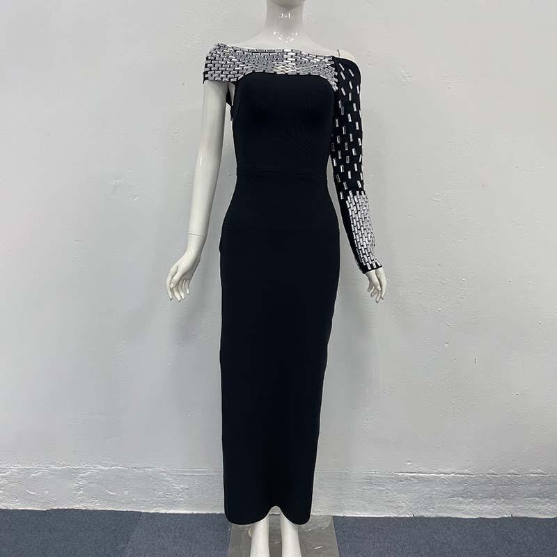 Rochie Bodycon Bandaj Europeană & Americană cu Strass-uri, pe un umăr