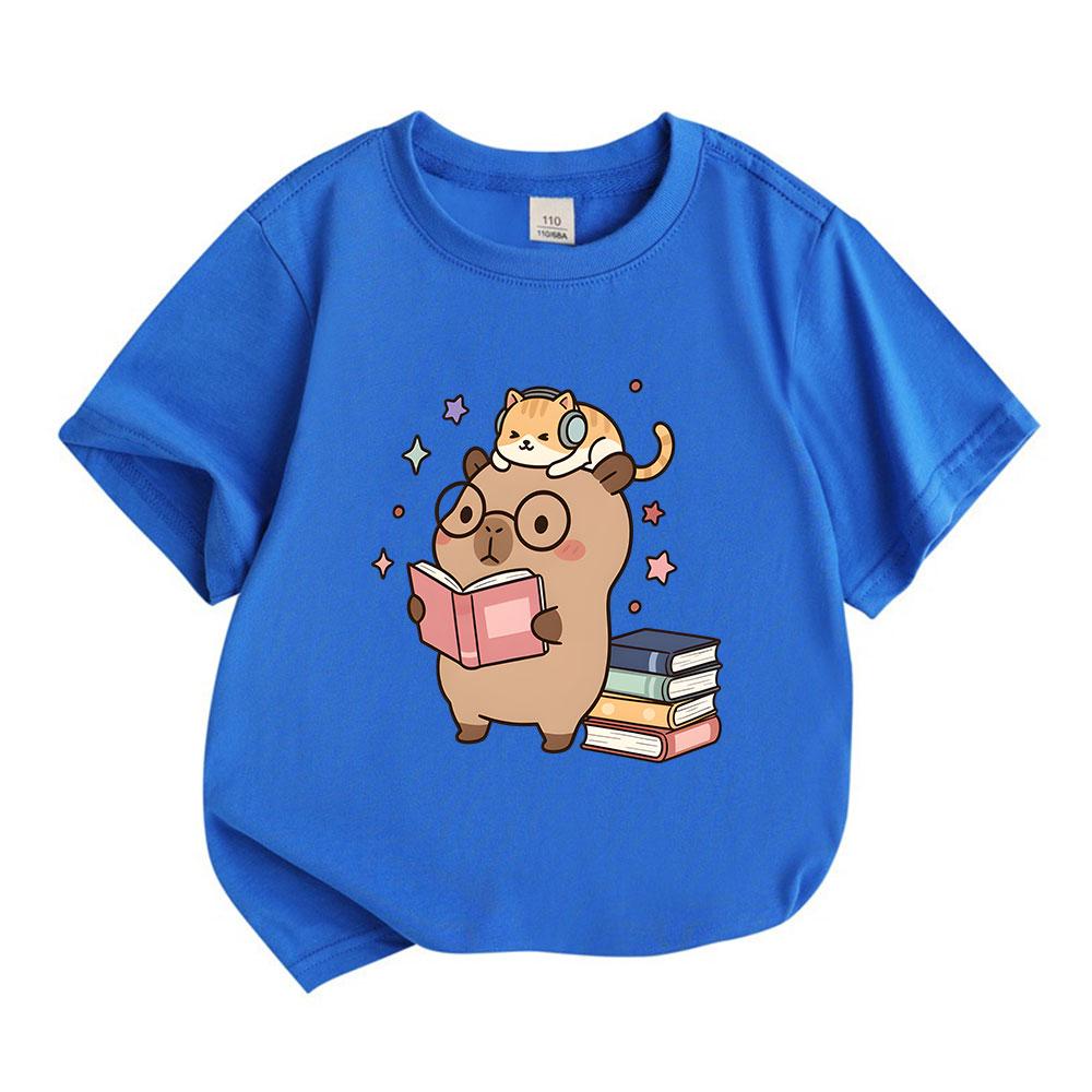 Kids Boys Girls 100% Cotton Crew Neck Short Sleeve T-Shirt, Cute Capybara Reading Book Cat With Headphones Print Casual Comfy Tee For Daily School Pla