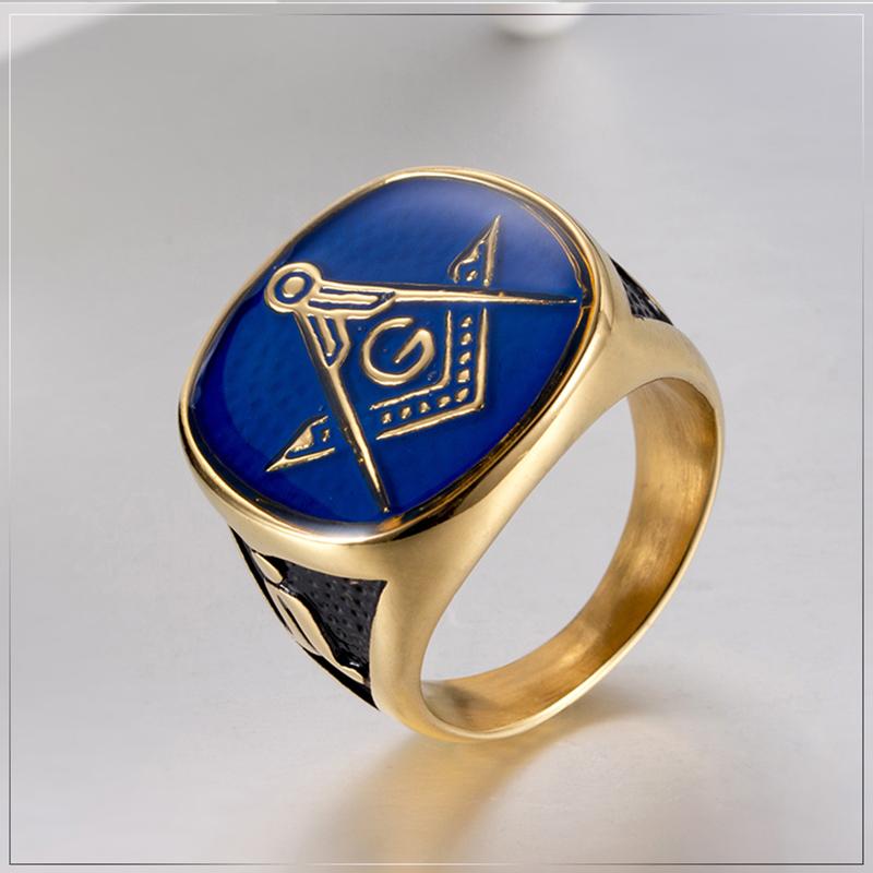 Anello Massonico Blu Oro Vintage Acciaio al Titanio Punk Retro Hip Hop Gioielli Fratellanza per Uomini Accessori Massonici