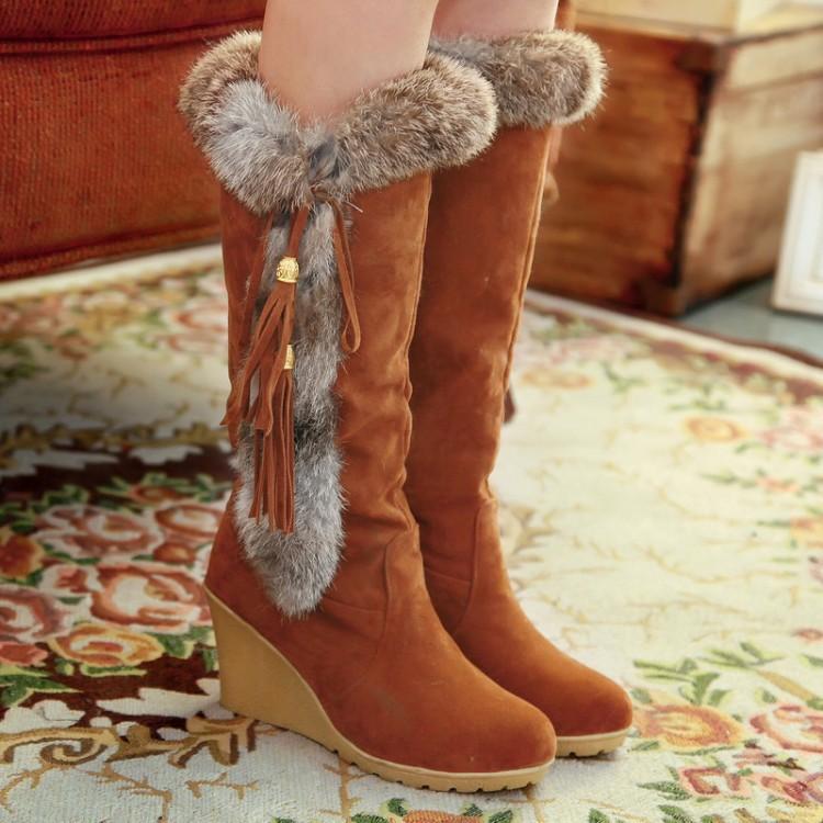 Europe, America autumn and winter fashion new snow boots slope heel medium tube rabbit fur warm boots tide