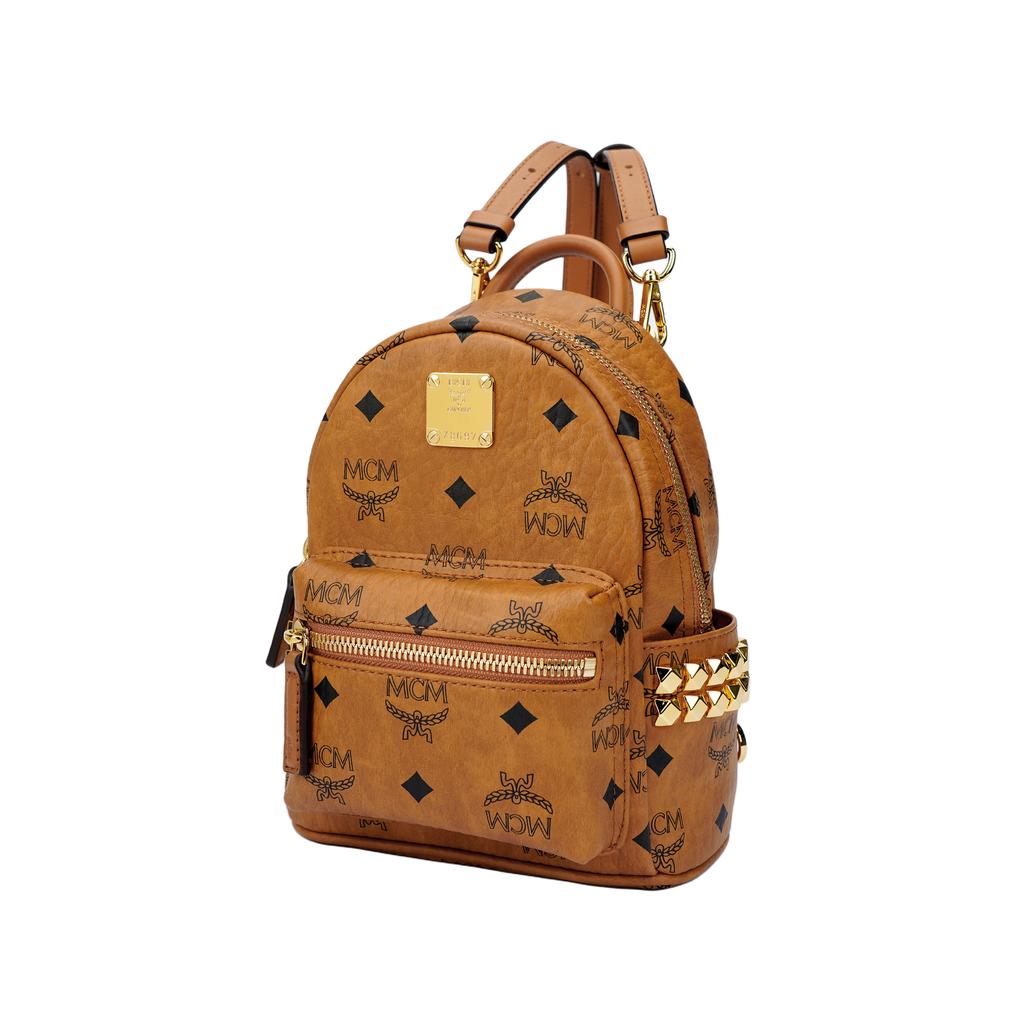 MCM Monogram Print Studded Coated Canvas And Leather Mini Backpack Unisex backpack Brown Cognac MMKDSVE11CO001
