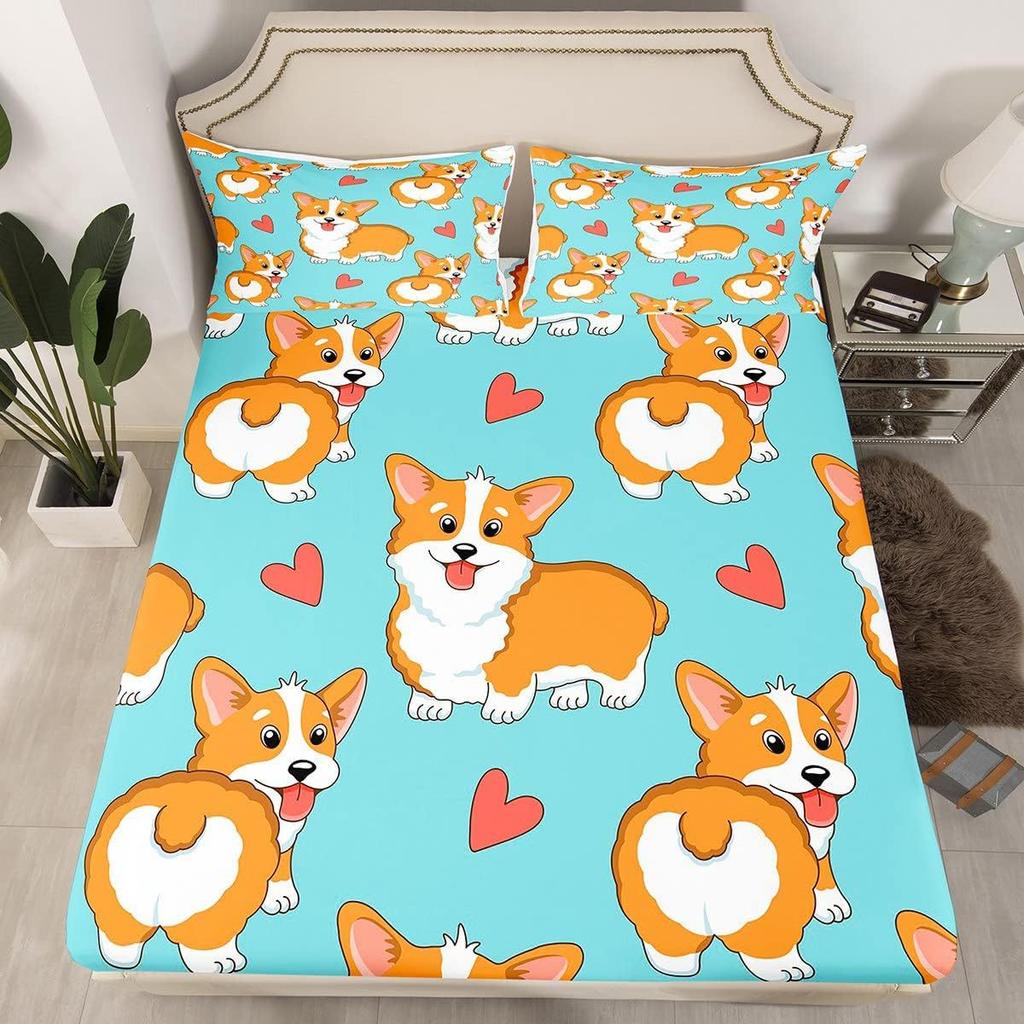 Cartoon Animal Dog Pattern Bed Hat Four-Piece Bedding Set Bedroom Dormitory Bedding Decoration