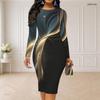 Women Plus Size Round Neck Long Sleeve Printed Gradient Bodycon Midi Dress