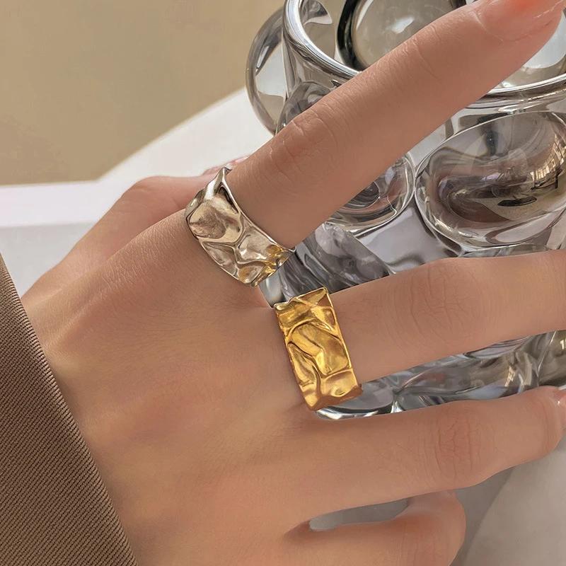 Irregular Metal Geometric Open Rings for Women Fashion Gold Silver Color Lava Pleated Wide Ring Party Temperament Jewelry Gifts