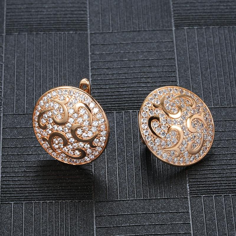 Wedding natural zircon stud earrings, ear buckles, rose gold crystal flower round large earrings.