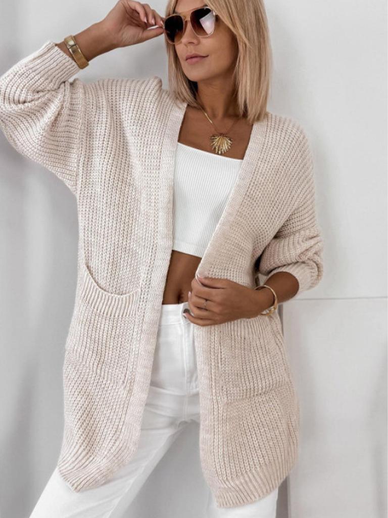 Women's Mid-Length Solid Color Knit Cardigan Sweater with Pockets