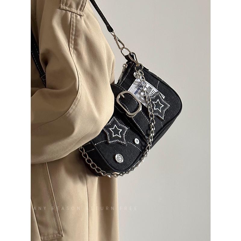 Bag Women's 2025 New Star Denim Shoulder Underarm Bag Retro Button Portable Chain Crossbody Bag