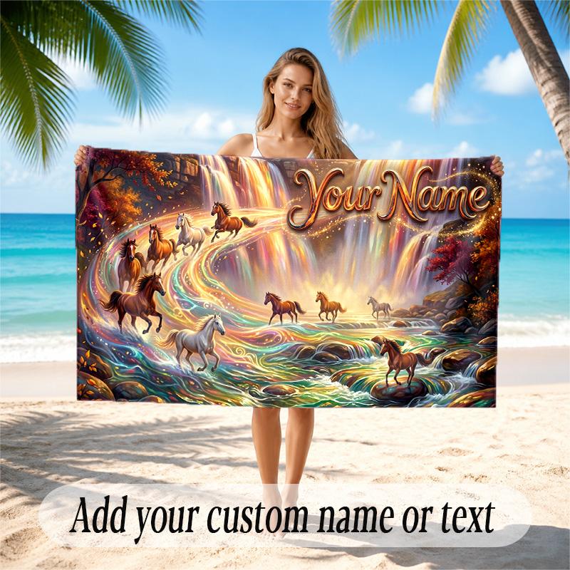 Horse Theme Quick Dry Beach Towel Custom Name Text Print Large Sand Resistant Towel Beach Vacation