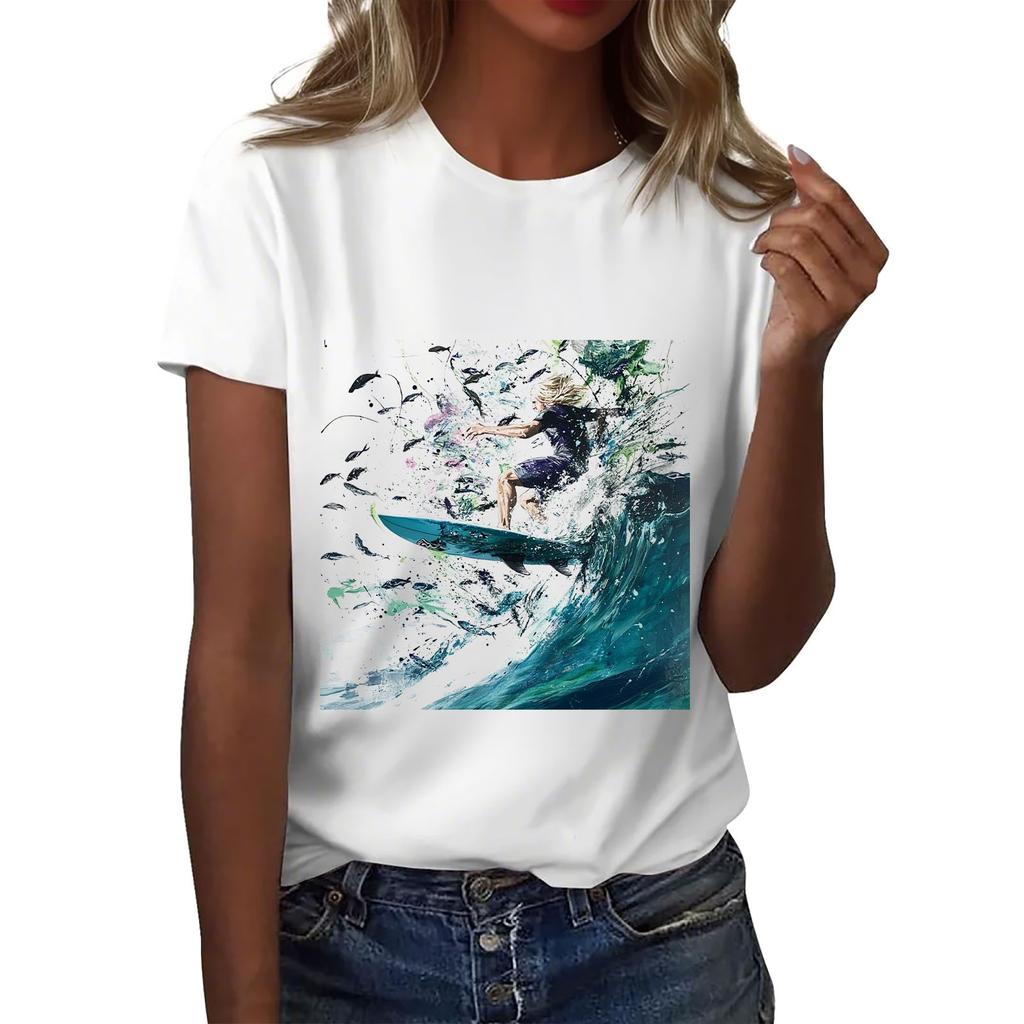 Women's Round Neck Casual Printed Short-sleeved T-shirt Top