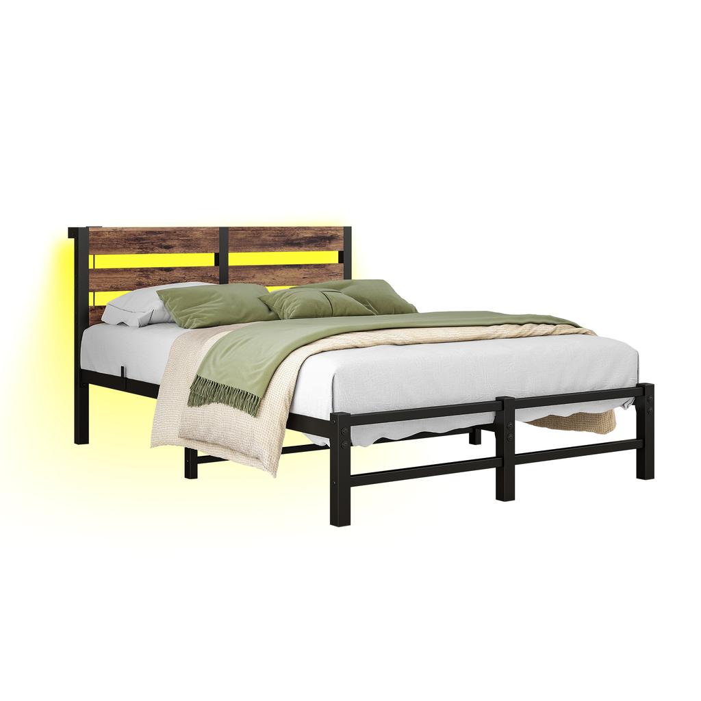 120x200 Bed Frame with LED Lighting and USB Charging Station, Metal Bed Frame Without Mattress, with Storage Under the Bed