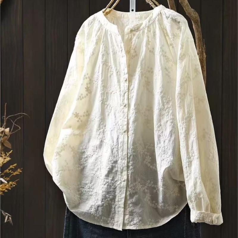 

Johnature Women Vintage Embroidery Floral Shirts O-Neck Long Sleeve Tops Autumn Button Loose Casual Shirts One Size абрикосовый