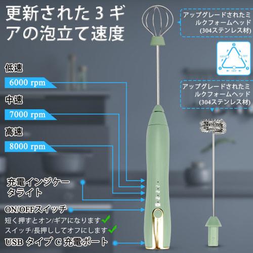 Double Milk Frother, Handheld USB-C Rechargeable Electric Drink Mixer, Green, 3 Adjustable Speeds, Coffee Frother, Drink Frother for Latte, Matcha, Ho