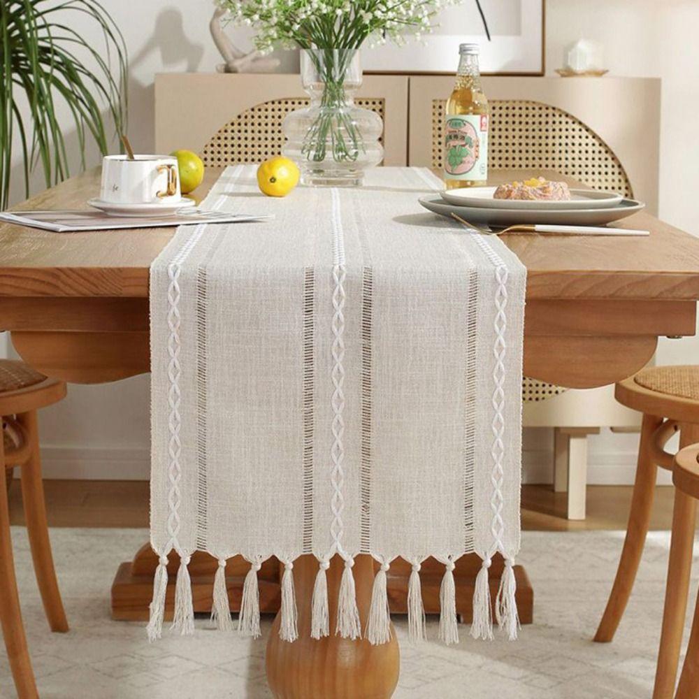 Hollow Weaving Rustic Table Runner With Tassels Table Cover Household Table Flag  TV Stand