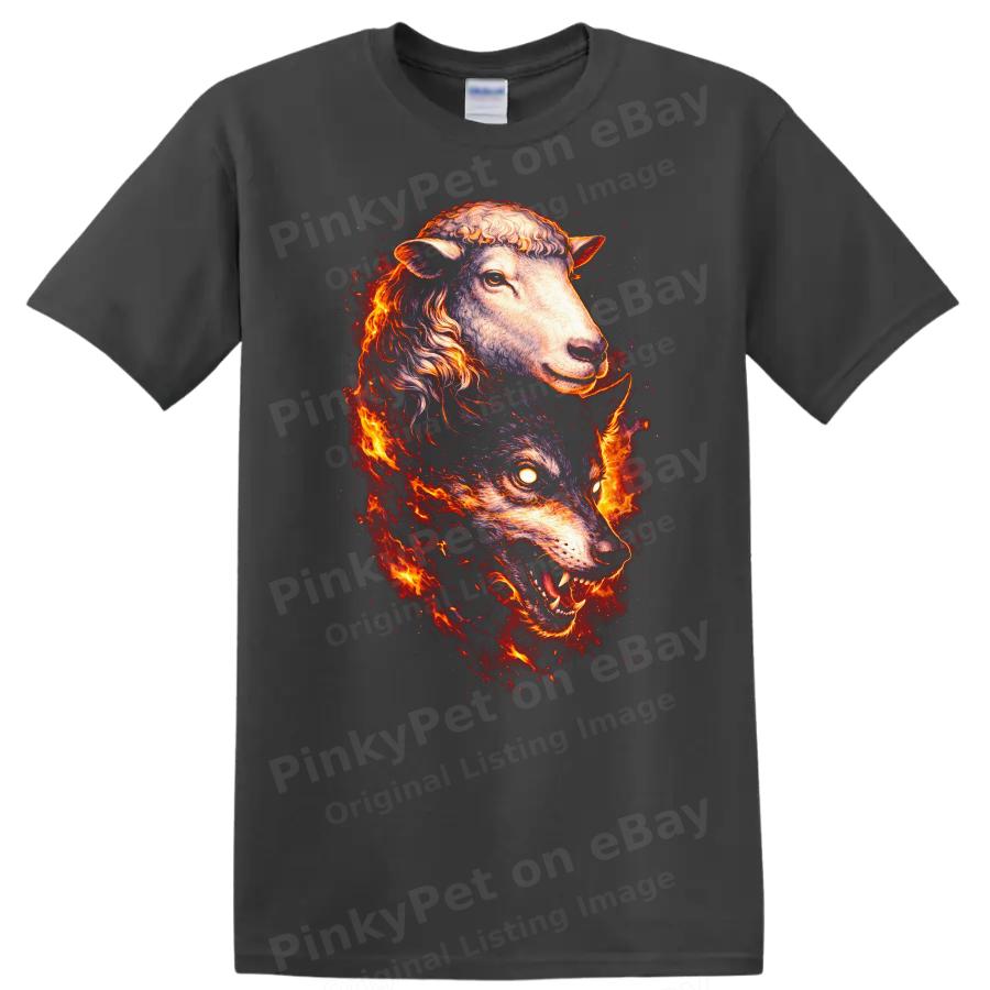 Animal Flame T Shirt Wolf Sheep Dual Head Graphic Art Tee Design