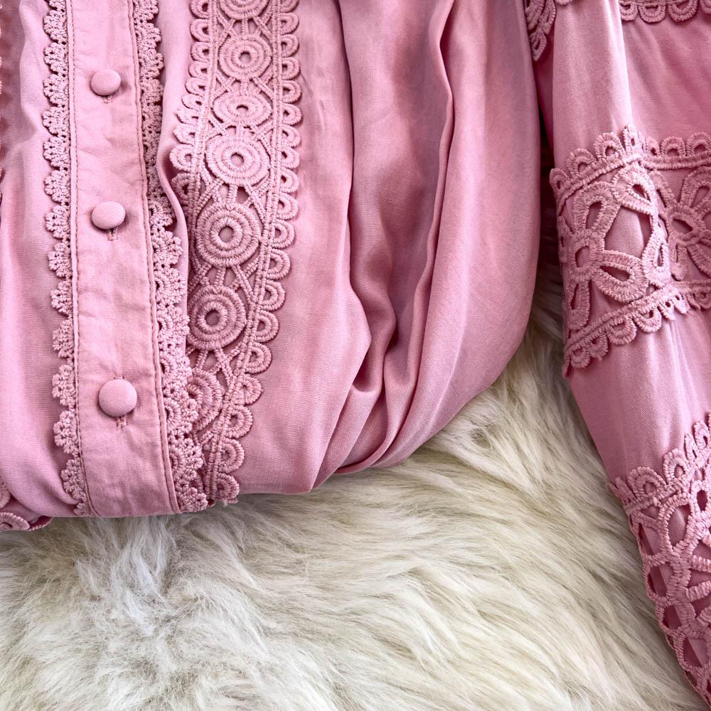 Lace Panel Long Sve Irt And High Waist Flared Skirt Set Women's Faion Ensemble Hollow Out Design Slimming Women Suit 2 Pieces Set