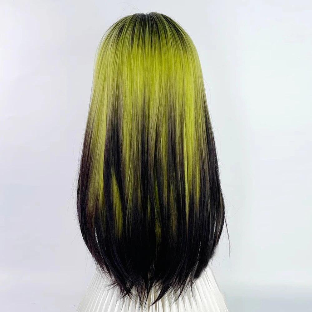 Long Straight Ombre Black Green Gradient Synthetic Women Wig with Bangs Lolita Cosplay Wig for Daily Party