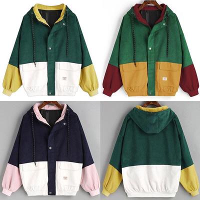 Women Coats Womens Long Sleeve Corduroy Patchwork Overcoat Lady Hooded Oversize Zipper Jacket Coat