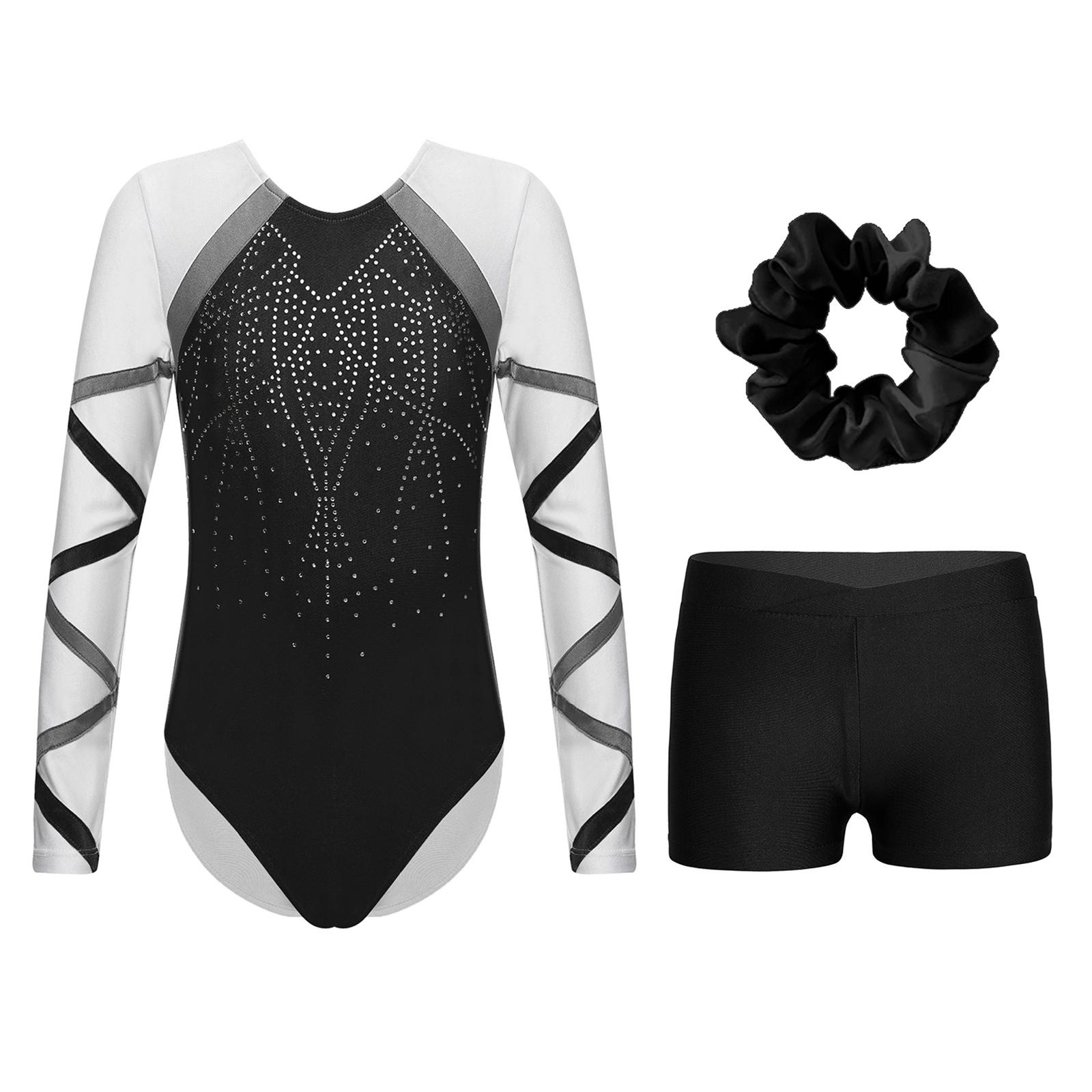 

Костюм для танцев для девочек из 3 предметов, блестящий купальник с длинными рукавами, V-образный вырез спереди, шорты, повязка для волос для соревнований по гимнастике 5-6 Years чёрный