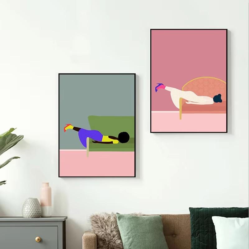 Abstrakte Kunst Frau Stimmung Sofa Dschungel Pyjamas Poster Leinwandmalerei Lustig Alltag Wandkunst Bild Wohnzimmer Heimdekoration