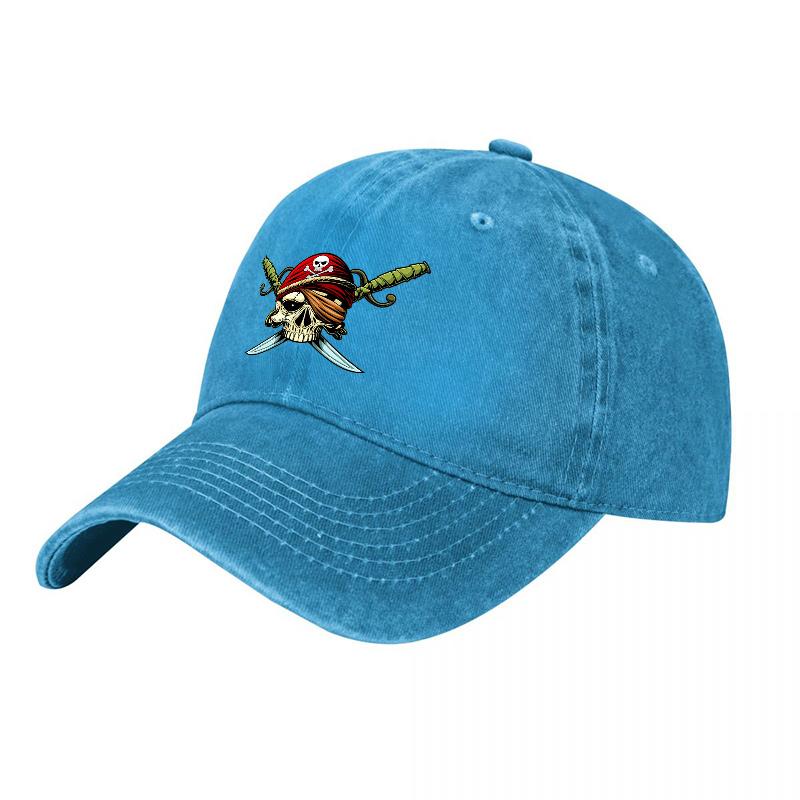 Pirate Skull and Swords Embroidered Washed Canvas Baseball Cap Vintage Style Adjustable Fit for Unisex and Women