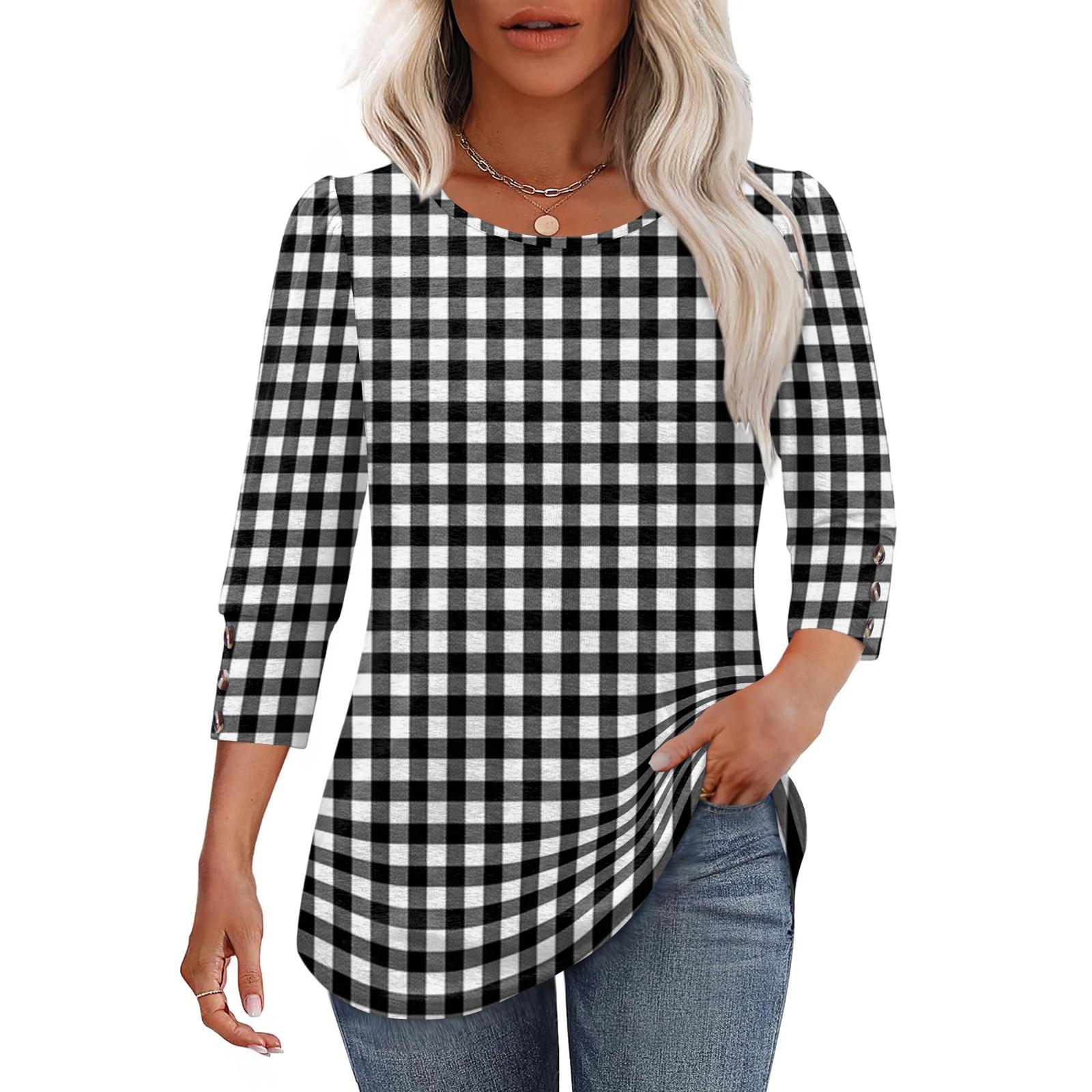Women Casual Loose Fit Round Neck Three Quarter Sleeve Striped Blouse Button Detail Lightweight Top for Everyday Wear L чёрный