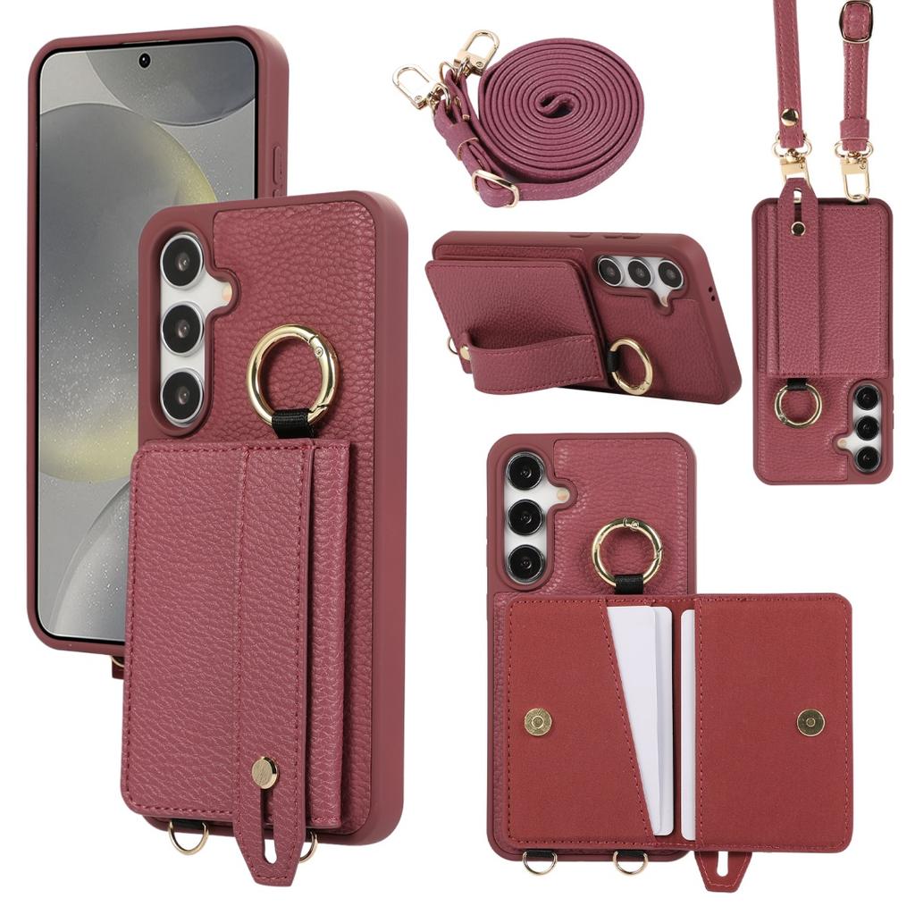 For Samsung Galaxy S24 S25 Plus Case PU Leather Wallet Bag Grip Strap Holder Neck Long Crossbody Lanyard Ring Clasp Cover