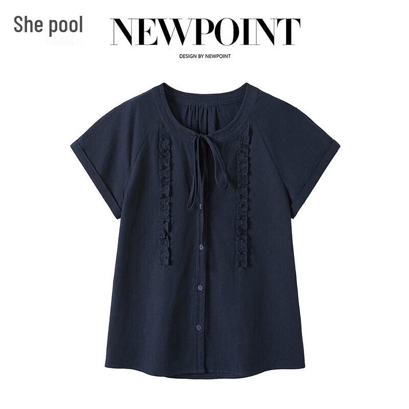 Women s Ruffle Trim Linen Blend Short Sleeve Blouse S темно-синий