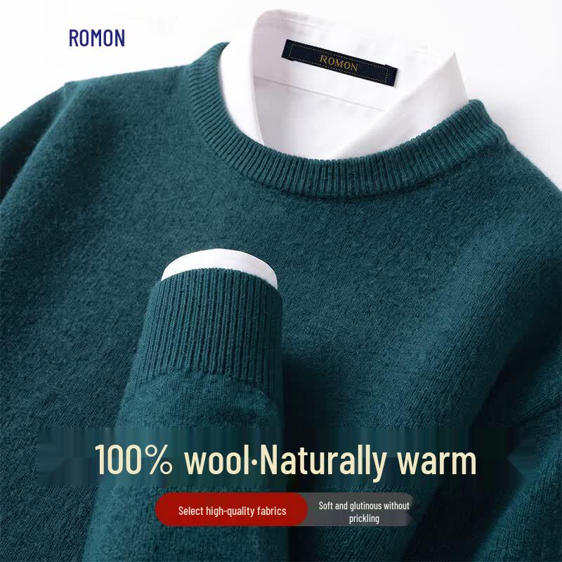 Luomeng Men's 100% Merino Wool Round Neck Pullover Sweater