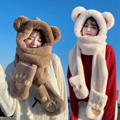 Cute Little Bear One-Piece Hat Warm Neck Warmer Scarf Hooded Cap for Women Winter Autumn Fashion Plush