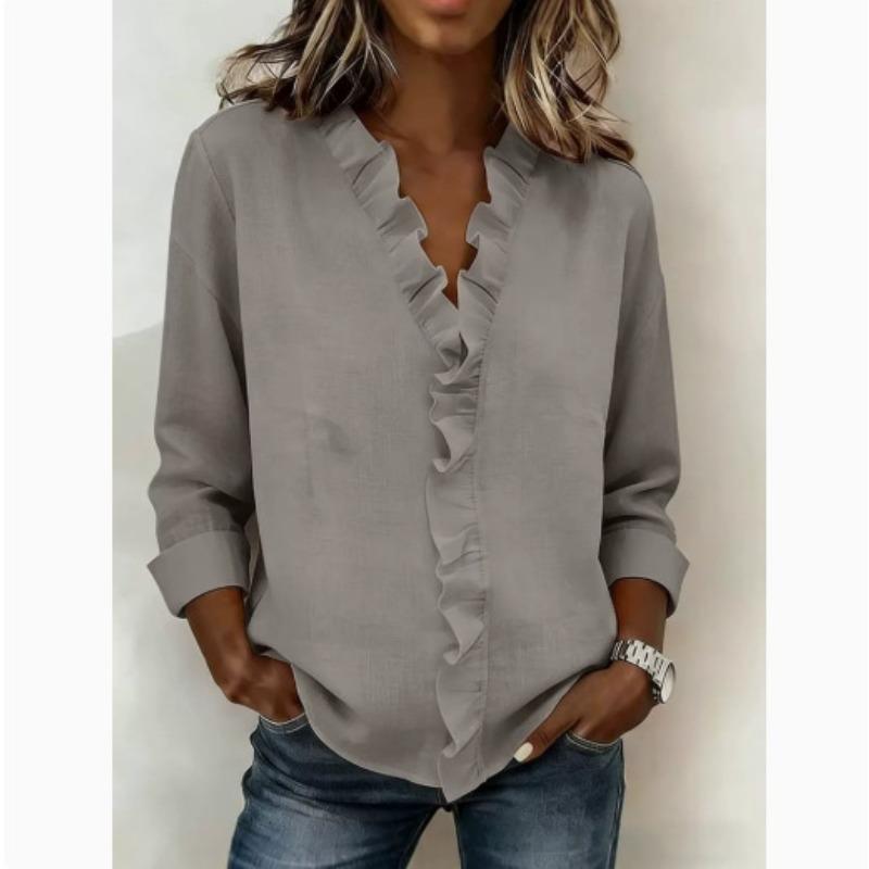 TIFICY Women's Fashion Casual Spring Autumn Solid Color Print Long Sleeve V-Neck Blouses & Shirts