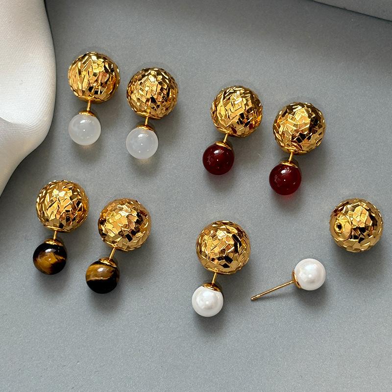 New Chinese Texture Pleated Agate Earrings Women's Unique Niche Temperament High-end Stud Earrings Silver Needle Earrings